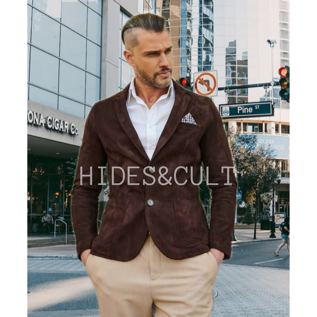 Men's Tan Brown Slim Fit Business Leather Blazer detail image