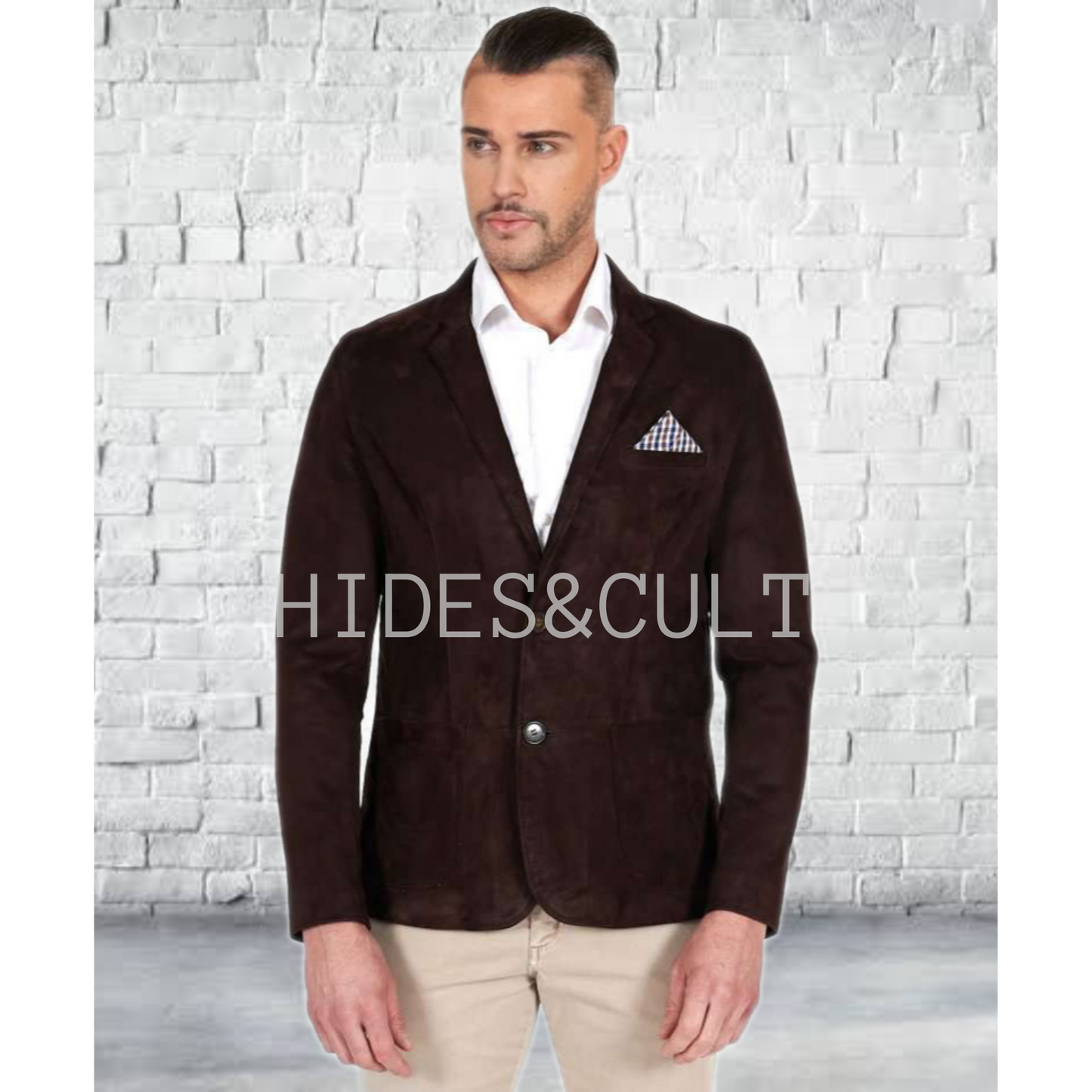 Men's Tan Brown Slim Fit Business Leather Blazer front buttons closed detail image