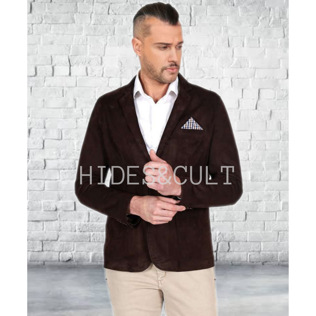 Men's Tan Brown Slim Fit Business Leather Blazer front detail image