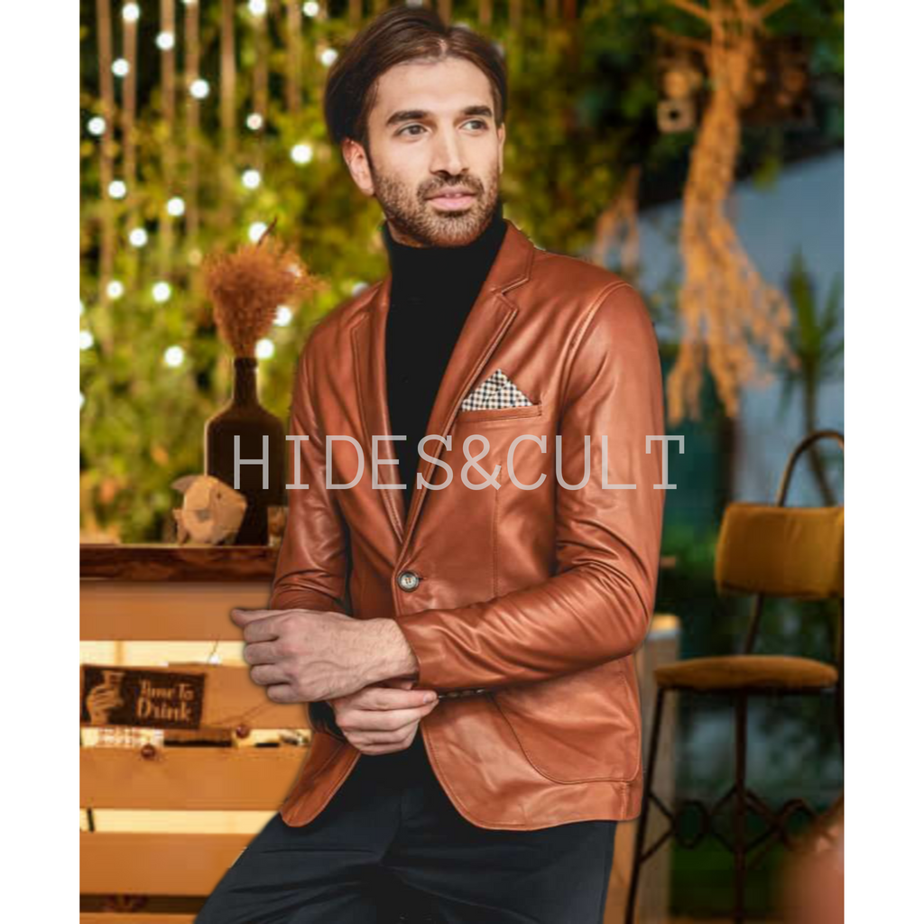 Men's Tan Brown Slim Fit Business Leather Blazer front image