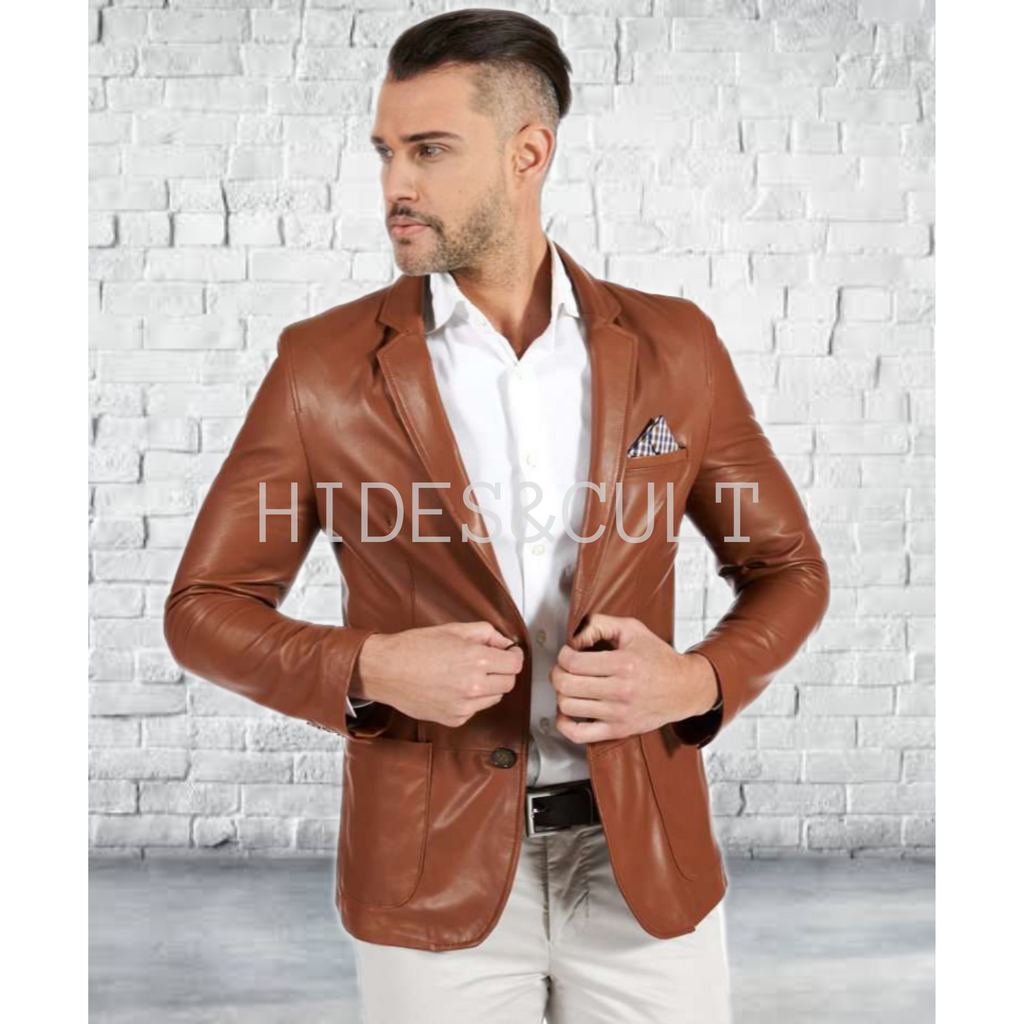 Men's Tan Brown Slim Fit Business Leather Blazer worn with front buttons opened