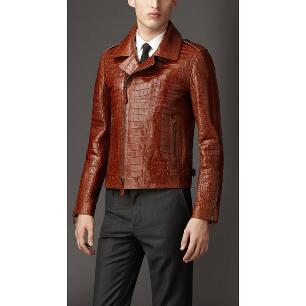 Men's Vintage Tan Brown Croc Embossed Effect Leather Jacket – Stylish and Durable Real Leather Jacket with Croc Texture for Men, Luxury Fashion Outerwear