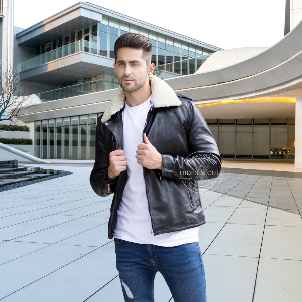 Men's black and white fur collar motorcycle biker genuine leather jacket, crafted from premium full-grain leather for durability and style – Hides & Cult