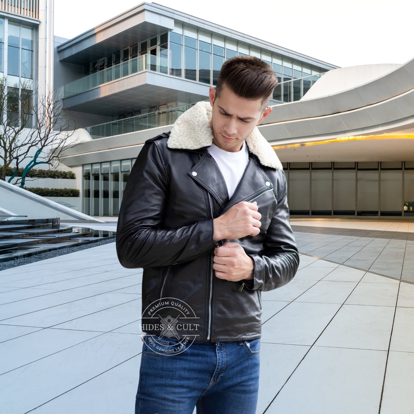 Men's black and white fur collar motorcycle biker genuine leather jacket with zipper, featuring a sleek design and premium full-grain leather – Hides & Cult