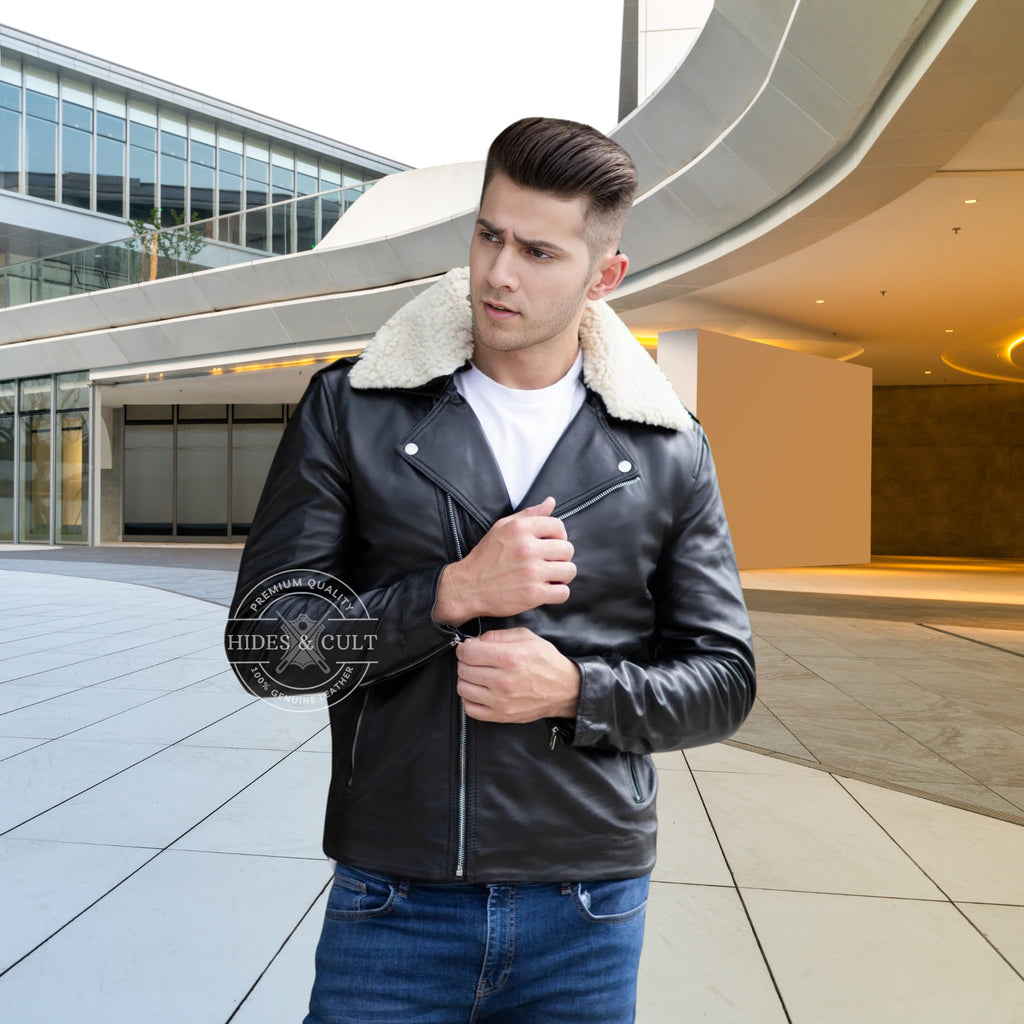 Men's black and white fur collar motorcycle biker jacket worn by model, offering a bold, stylish look with premium genuine leather and fur – Hides & Cult