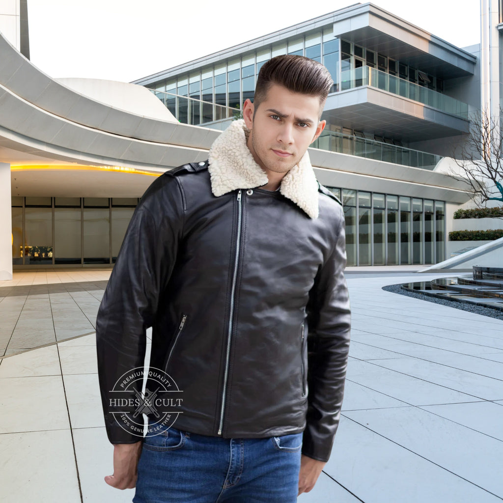 Men's black and white fur collar motorcycle biker leather jacket with zipper, worn by model for a bold and stylish look with premium leather – Hides & Cult