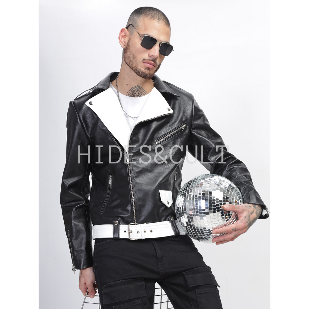 Men's black and white two tone slim fit motorcycle biker belted leather jacket front view worn by model