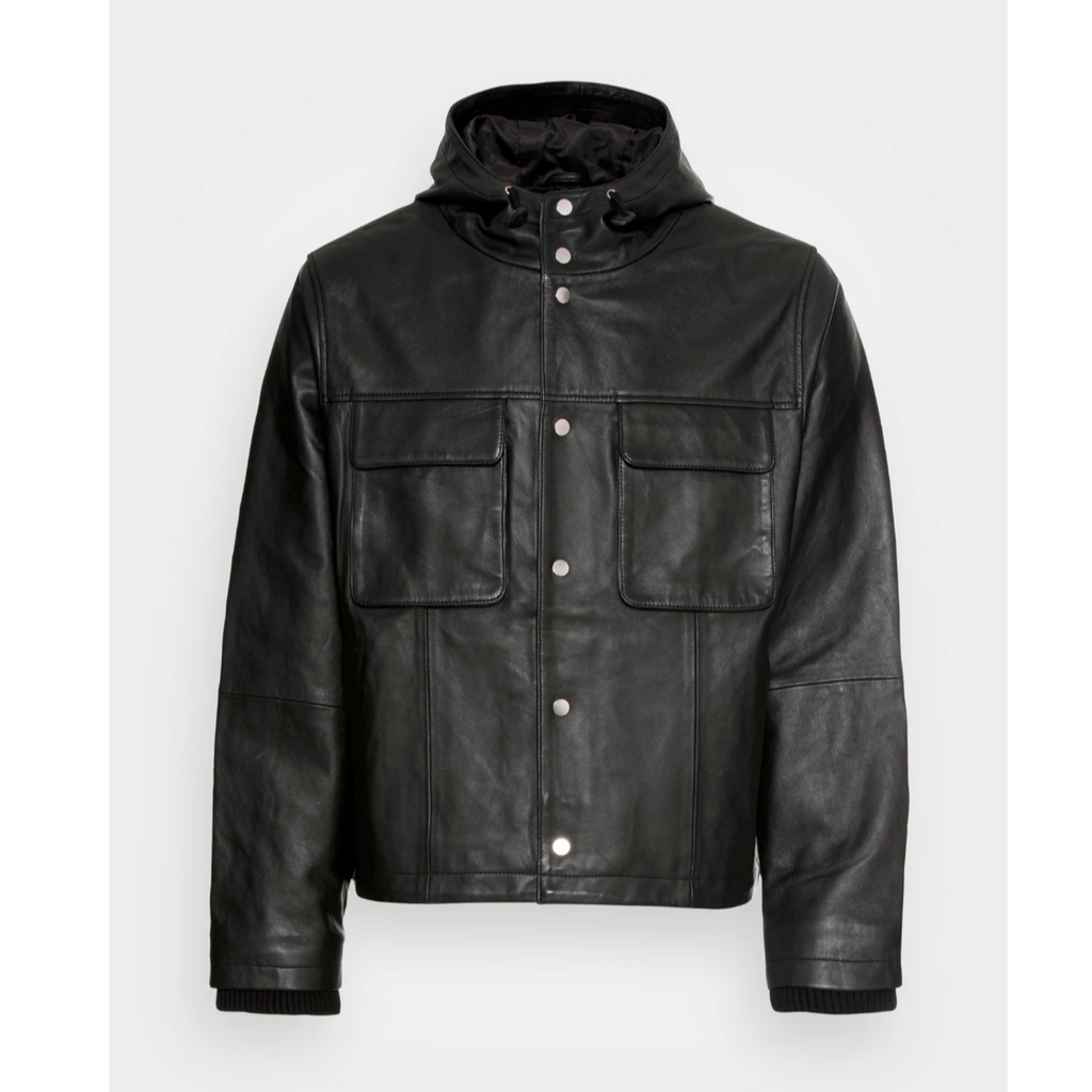 Men's black bomber style hooded genuine leather sweatshirt laid out, showcasing premium full-grain leather, sleek design, and comfortable fit – Hides & Cult