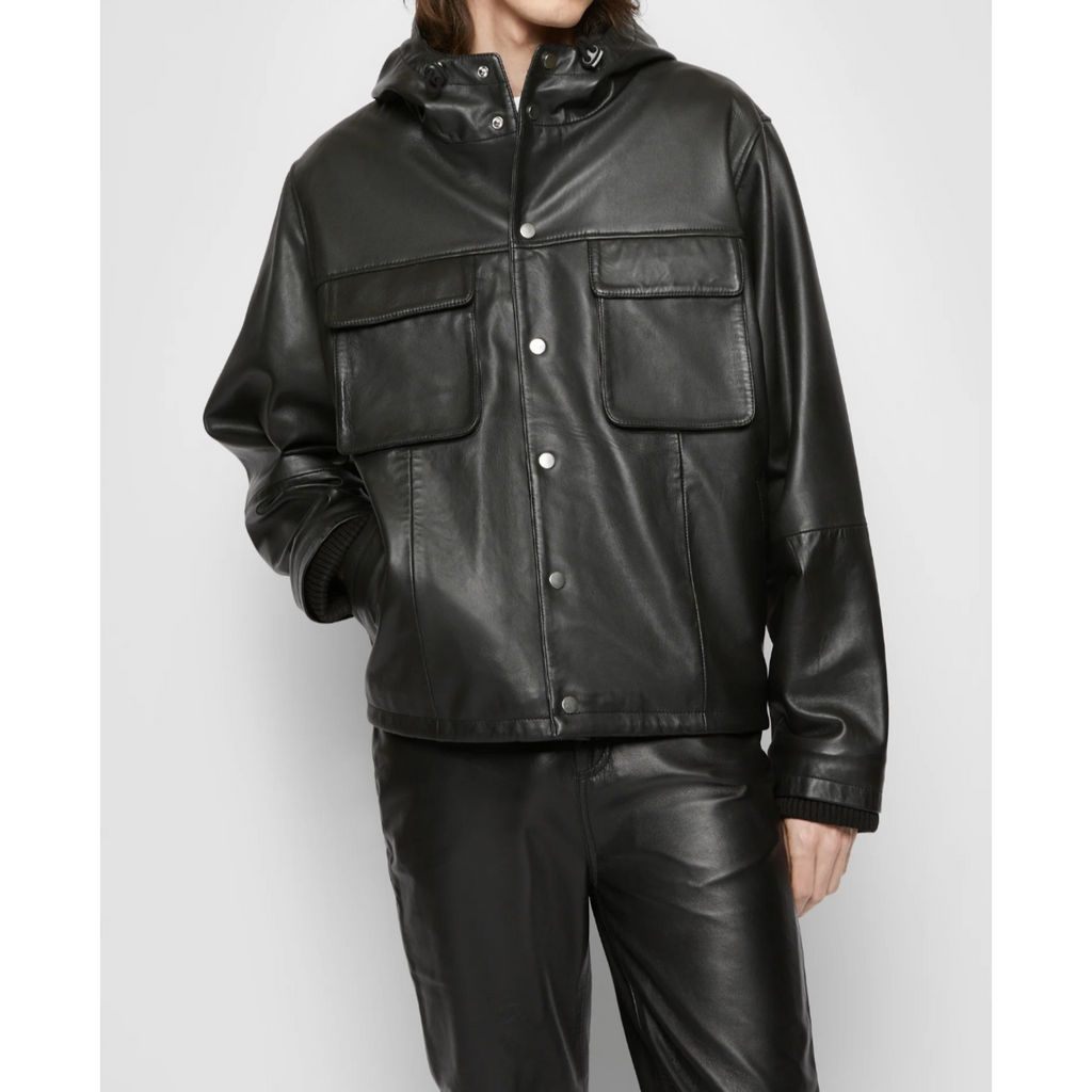 Men's black bomber style hooded genuine leather sweatshirt worn by model, offering a modern, stylish look with premium leather craftsmanship – Hides & Cult
