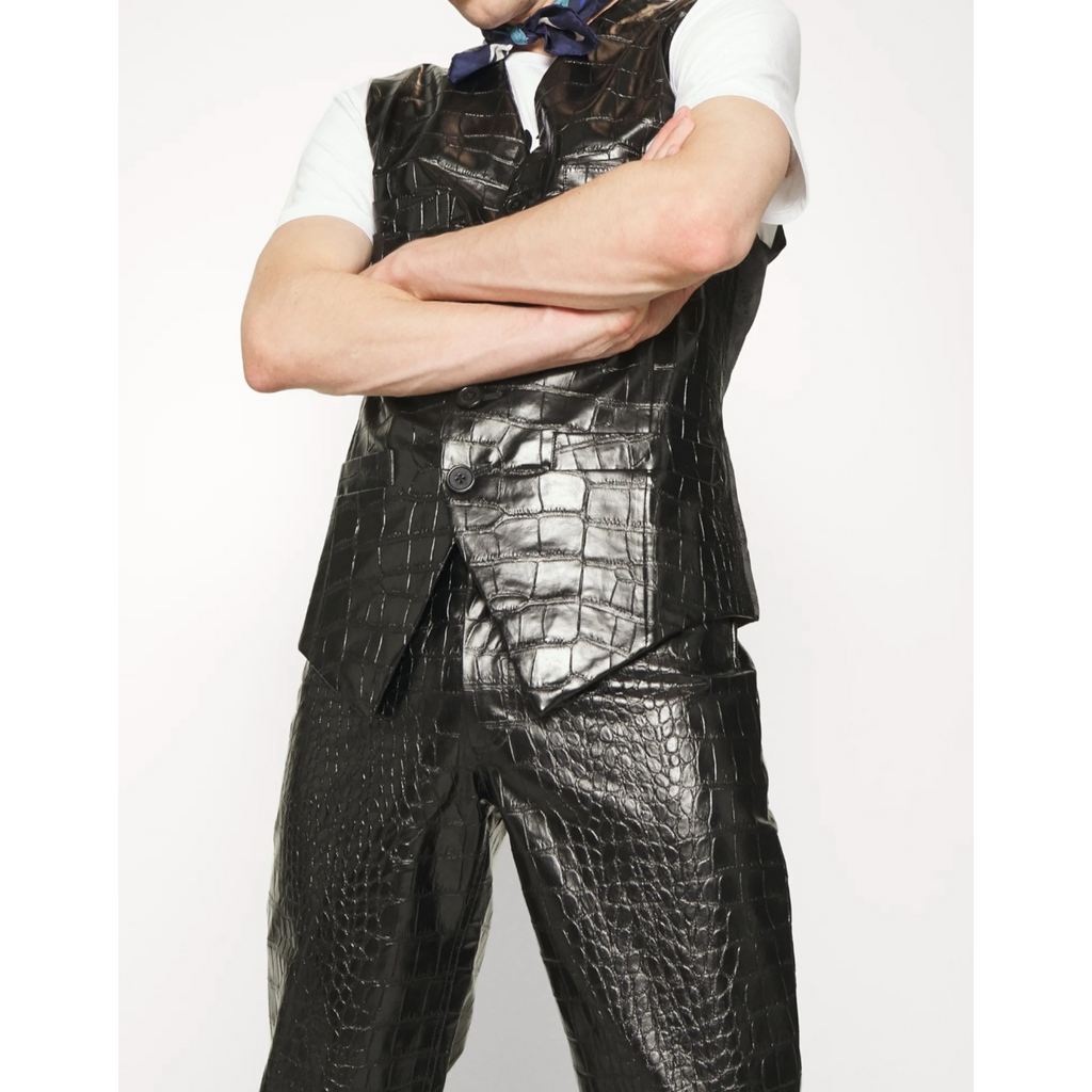 Men's black croc-embossed effect leather vest worn by model, demonstrating its stylish design, comfortable fit, and luxurious leather texture – Hides & Cult