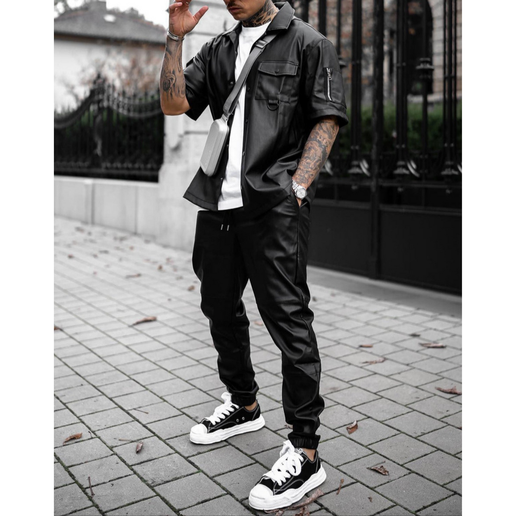 Men's black genuine leather shirt worn by model, offering a stylish and sleek look with premium leather craftsmanship – Hides & Cult