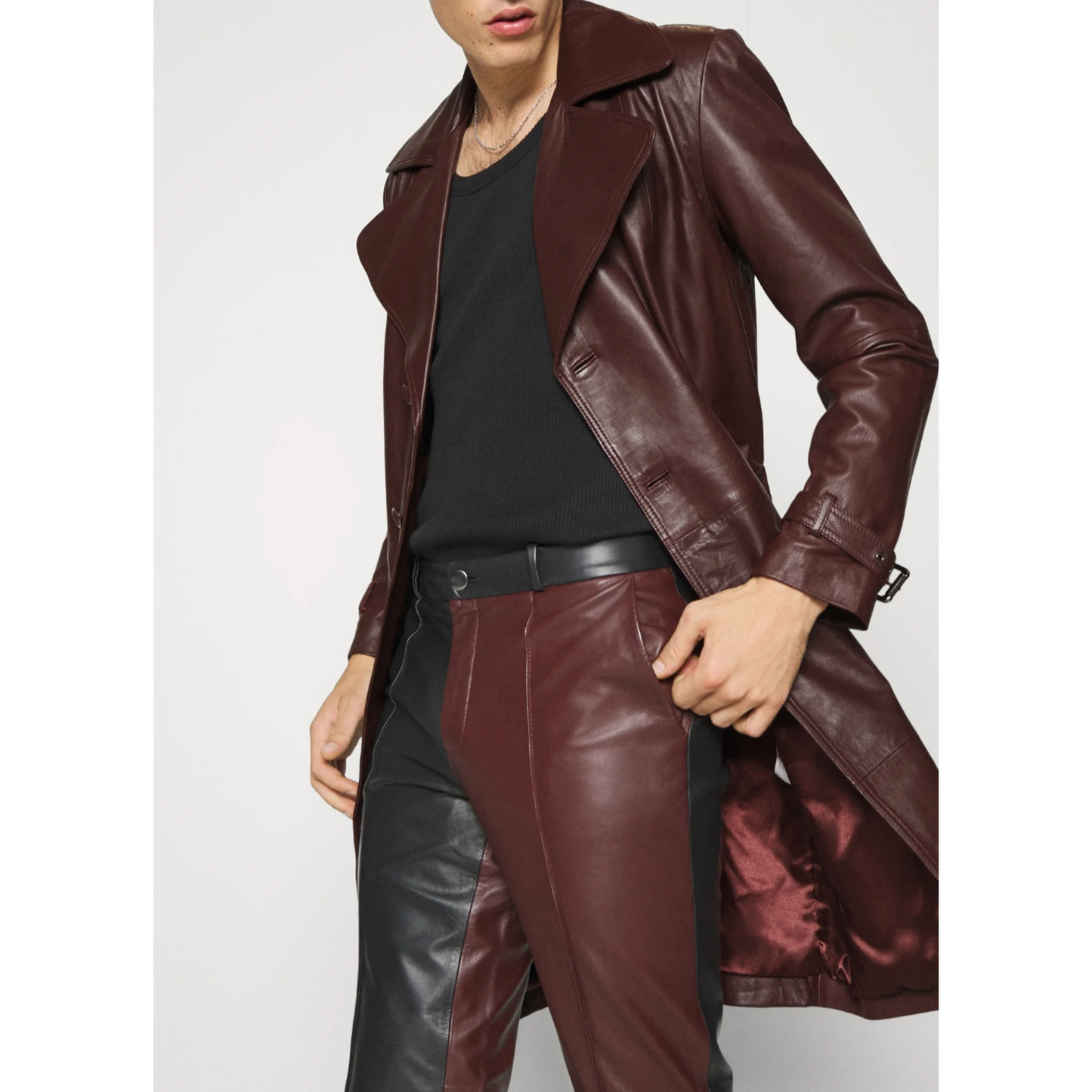Men's burgundy belted genuine leather car coat with trench style cut, long length, and premium leather texture
