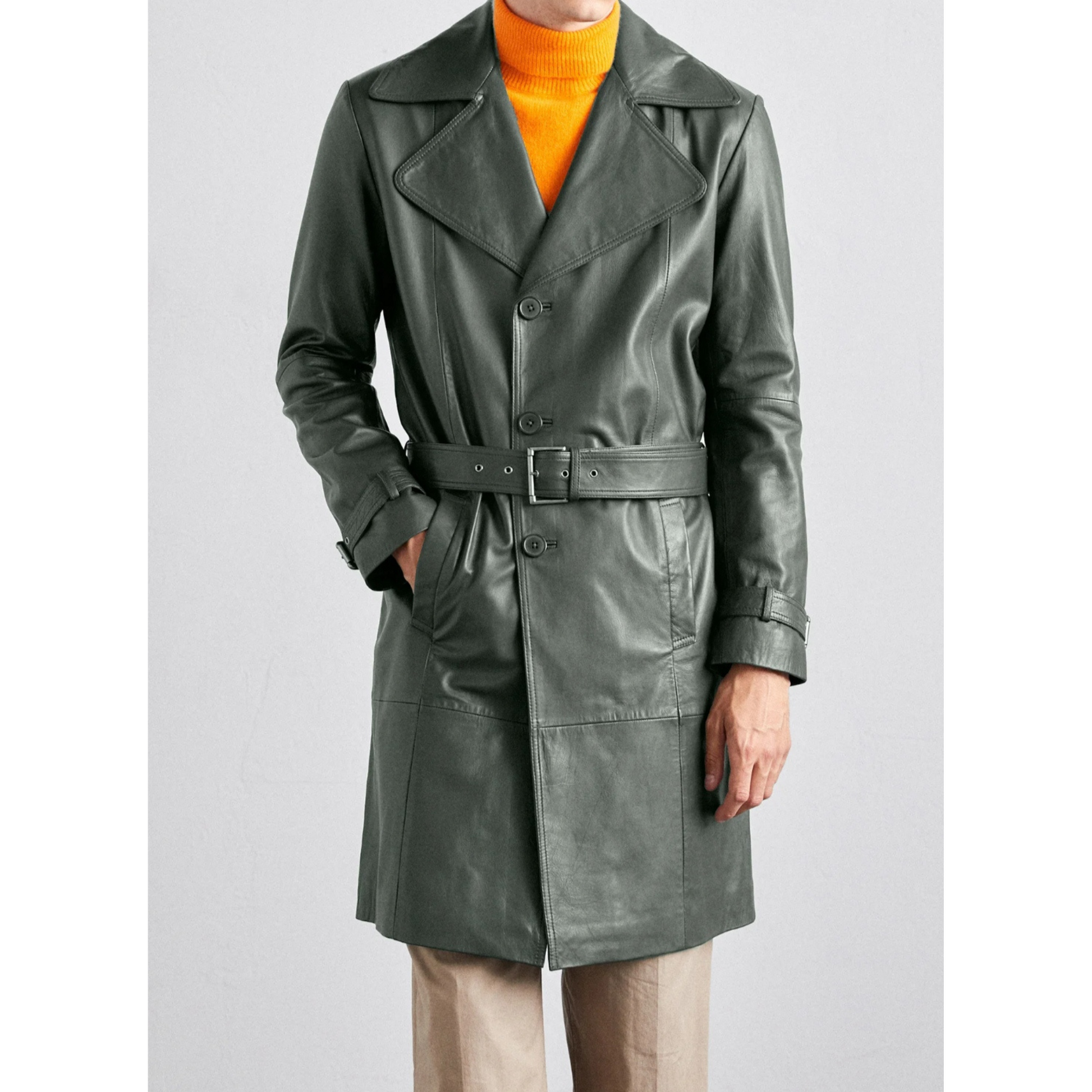 Men's green belted genuine leather car coat with trench style cut, long length, and premium leather texture