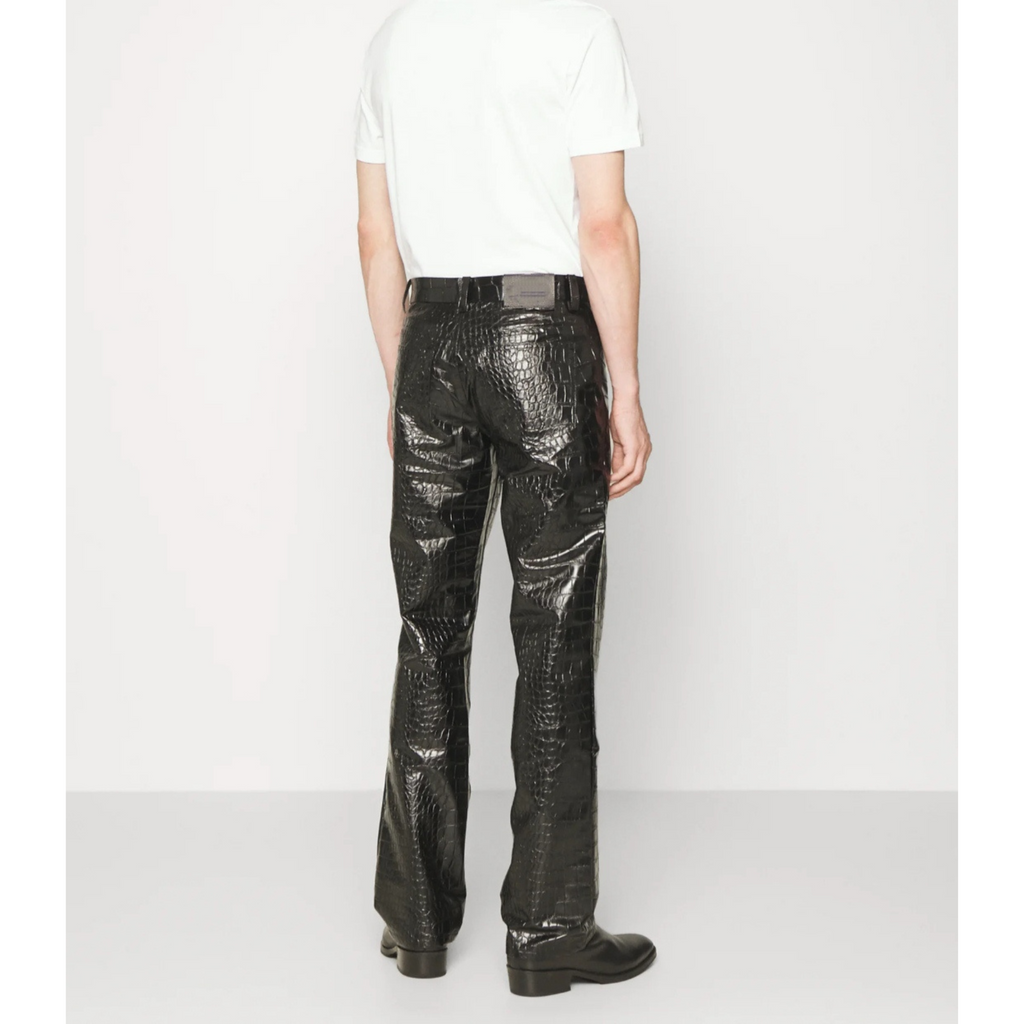 Men's leather pants worn by model, featuring a sleek design and perfect fit, crafted from premium full-grain leather – Hides & Cult