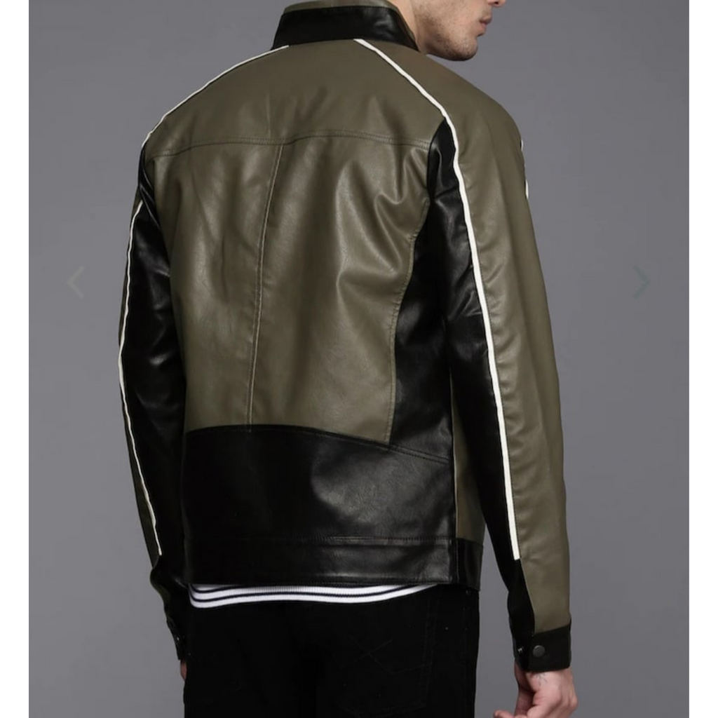 Men's multi-color leather jacket, back view, highlighting the black sleeves and olive green body with stripe details.

