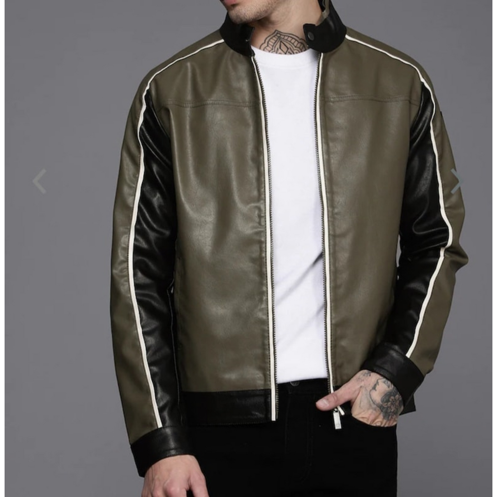 Men's olive green and black genuine leather jacket, front view, featuring white racing stripes and stand collar.

