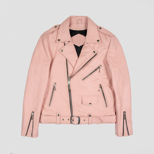 Men's pink belted motorcycle leather jacket flat lay showing slim fit style