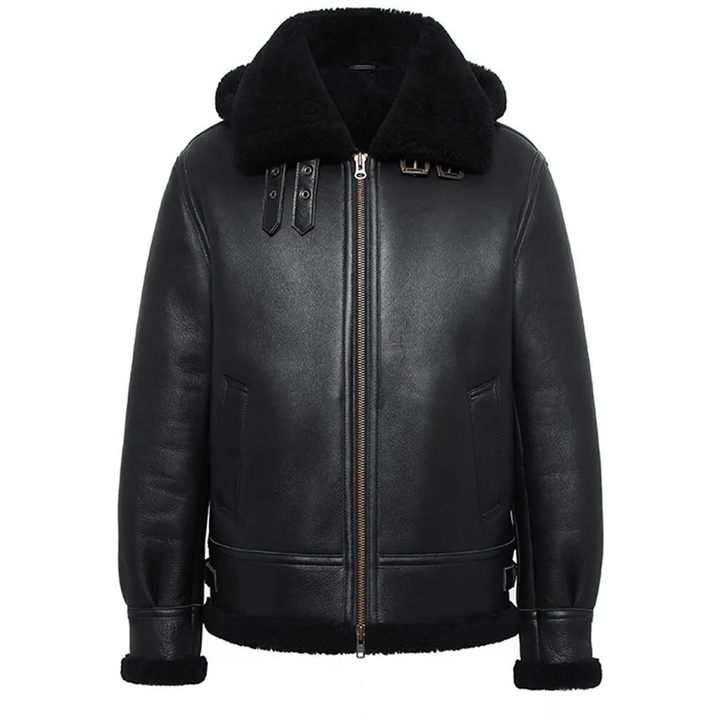 Mens Black Aviator Pilot Real Lambskin Fur Shearling Coat detailed image