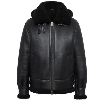 Mens Black Aviator Pilot Real Lambskin Fur Shearling Coat detailed image