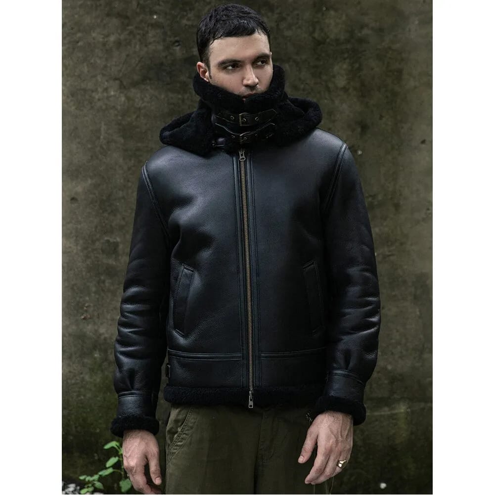 Mens Black Aviator Pilot Real Lambskin Fur Shearling Coat worn with front closed 