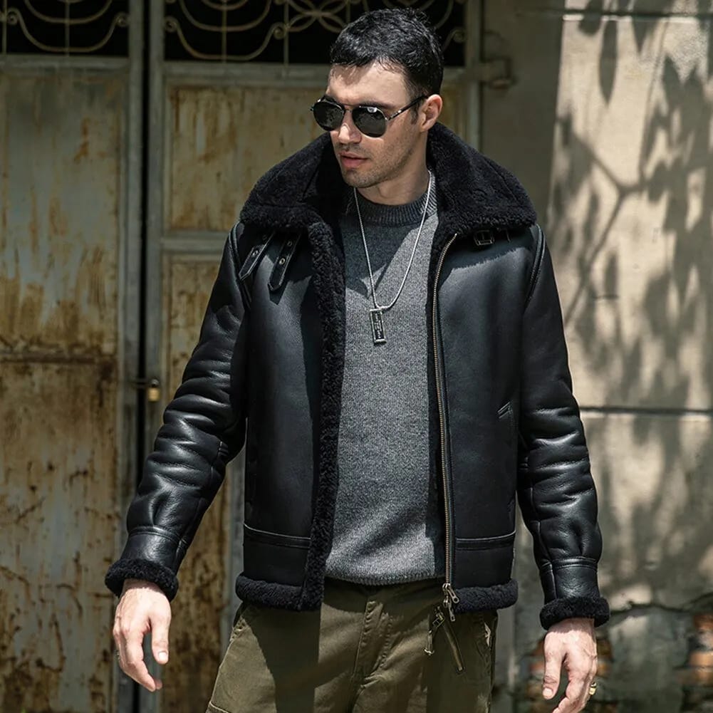 Mens Black Aviator Pilot Real Lambskin Fur Shearling Coat worn with front opened
