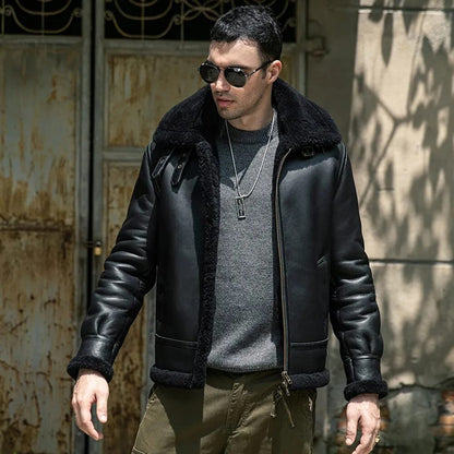 Mens Black Aviator Pilot Real Lambskin Fur Shearling Coat worn with front opened