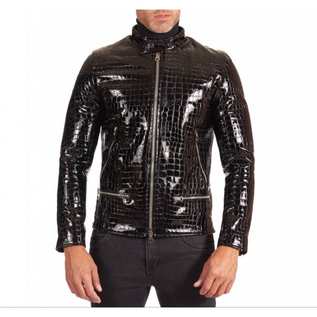 Mens Black Patent Croc Embossed Effect jacket closed 