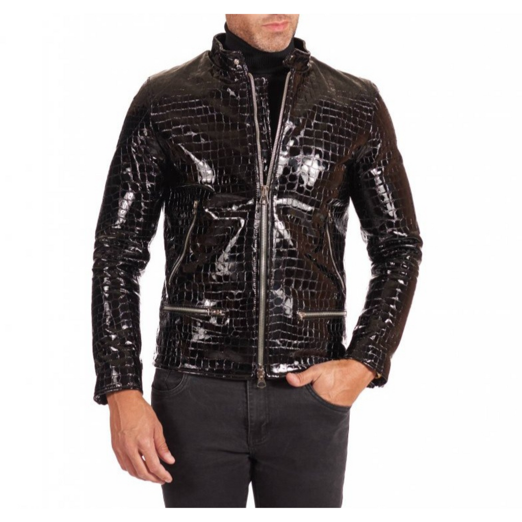 Mens Black Patent Croc Embossed Effect jacket detail