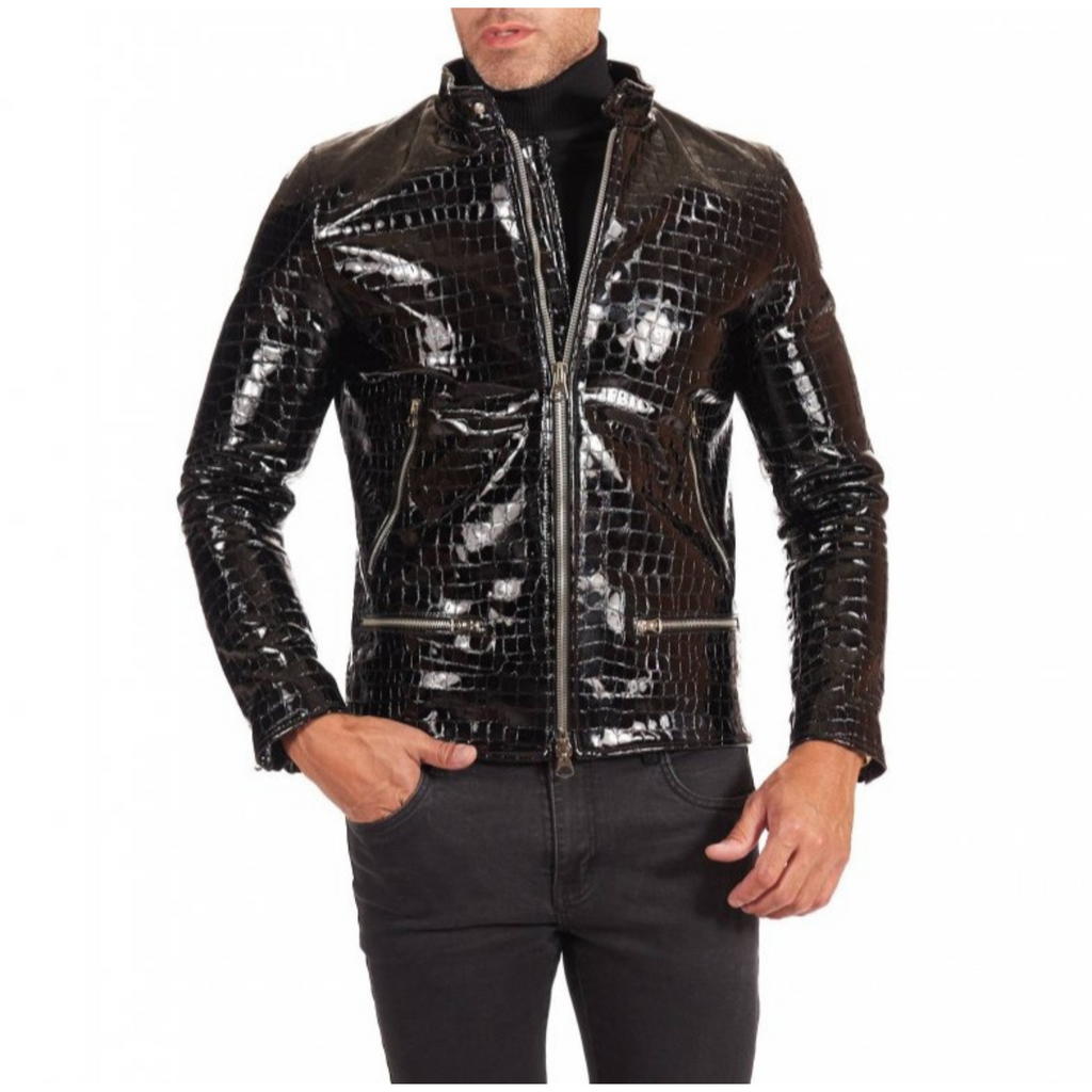 Mens Black Patent Croc Embossed Effect jacket front