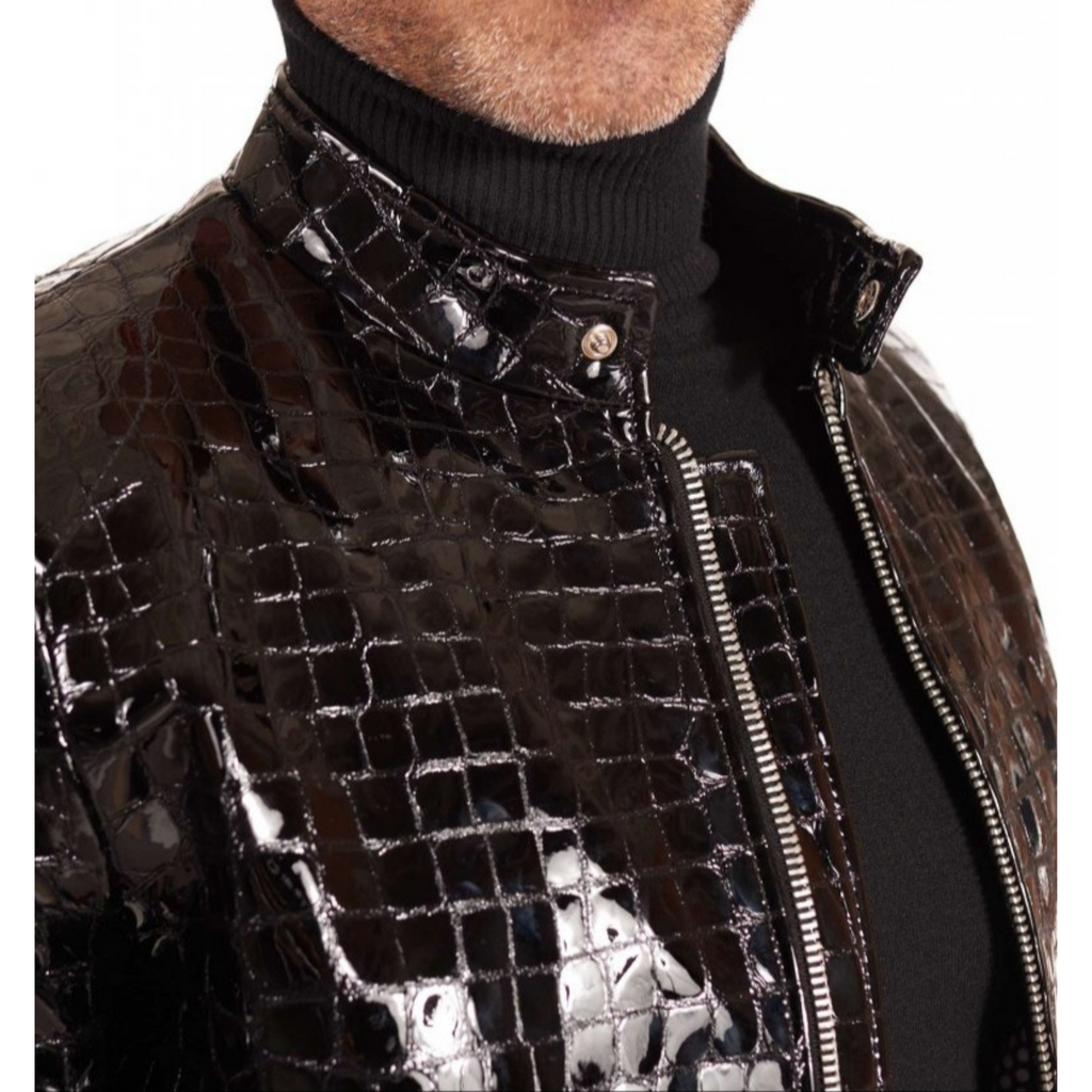 Mens Black Patent Croc Embossed Effect jacket neck detail