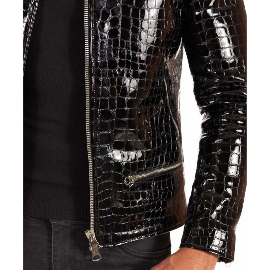 Mens Black Patent Croc Embossed Effect jacket sleeve and pocket detail