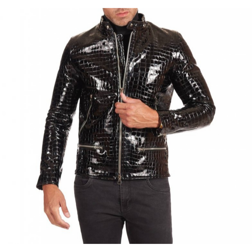 Mens Black Patent Croc Embossed Effect jacket  zip detail