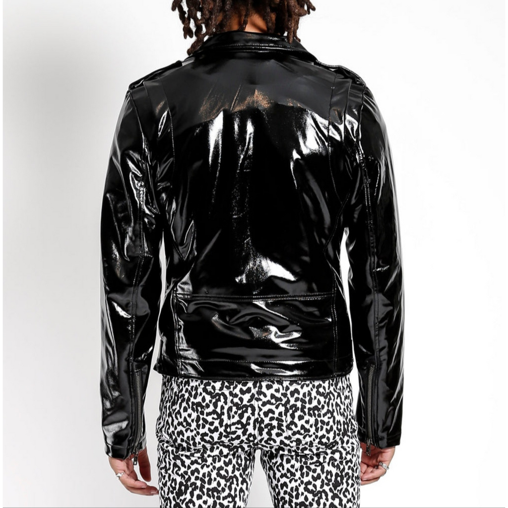 Mens Black Patent Effect Motorcycle Biker Leather Jacket back image