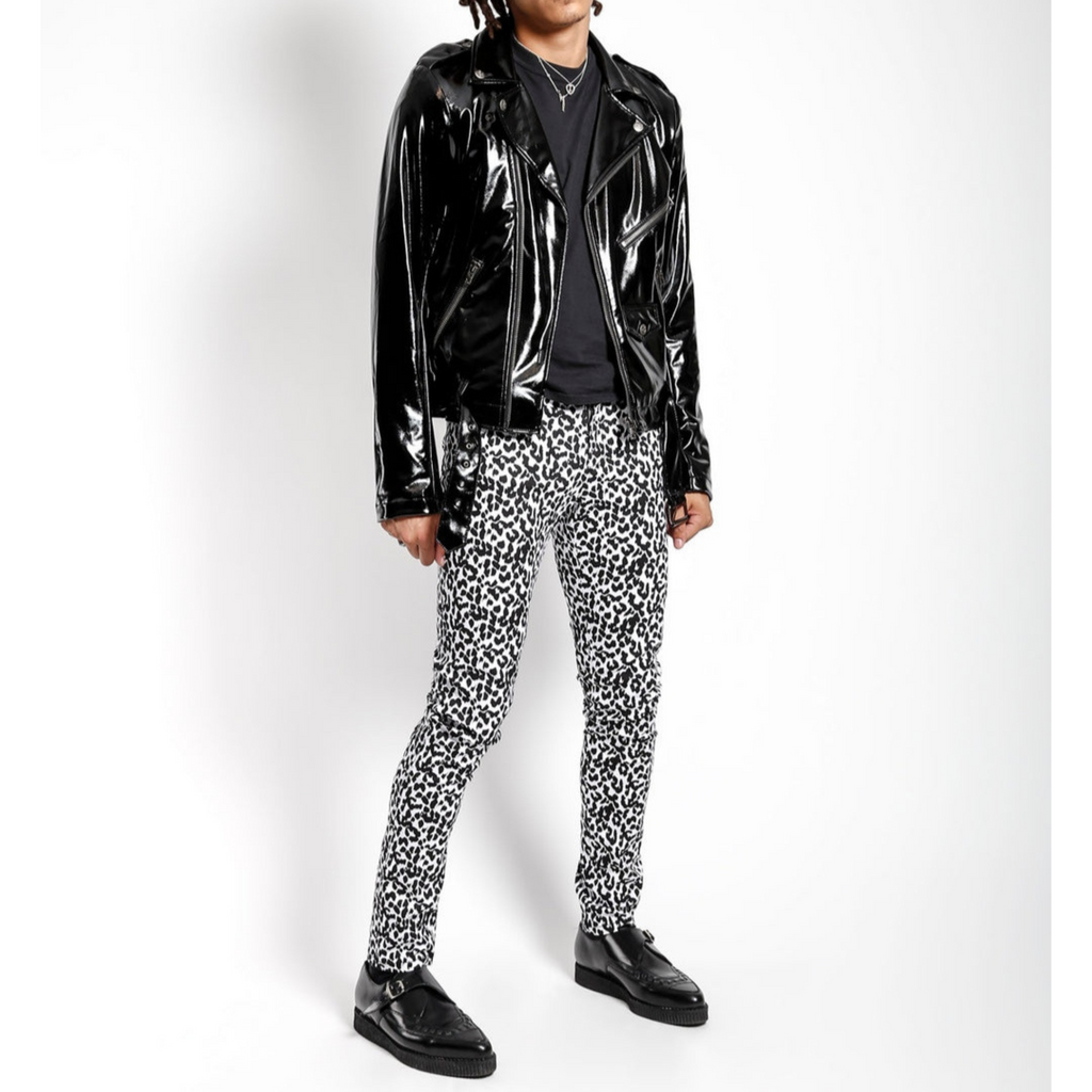 Mens Black Patent Effect Motorcycle Biker Leather Jacket detailed image