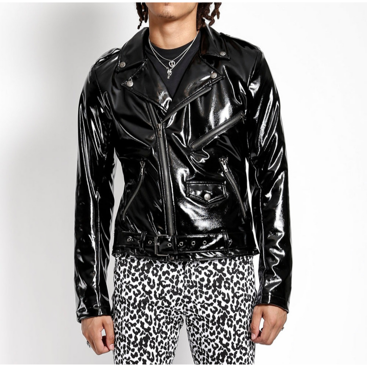 Mens Black Patent Effect Motorcycle Biker Leather Jacket front image