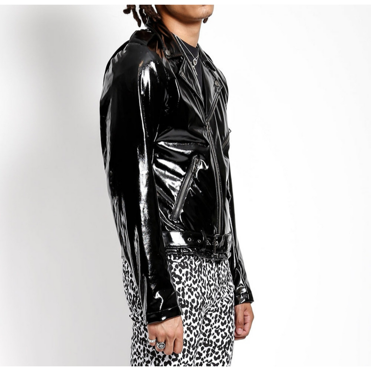 Mens Black Patent Effect Motorcycle Biker Leather Jacket side image