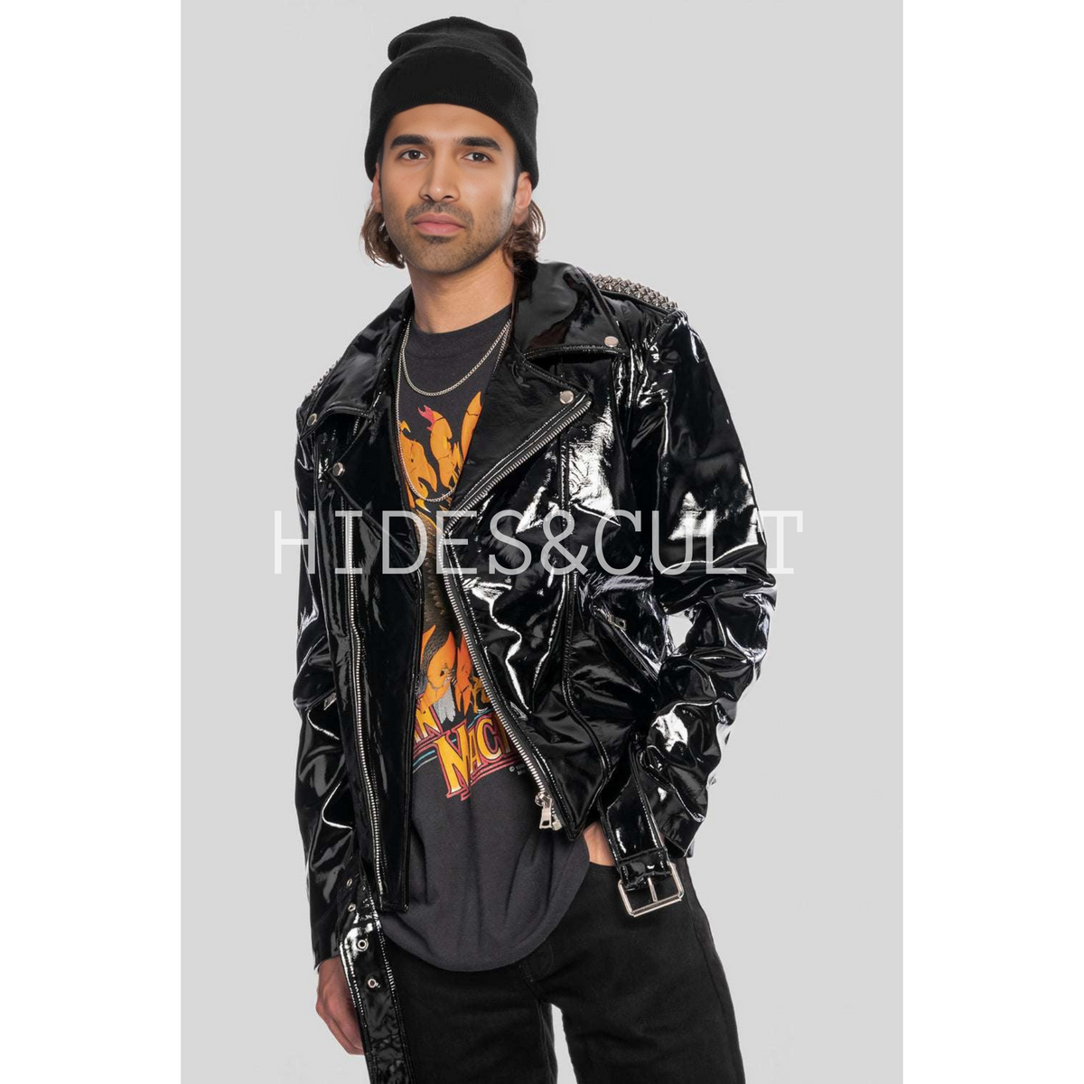 Mens Black Patent Motorcycle Biker Belted Leather Jacket

