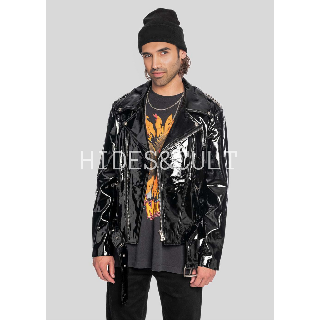 Mens Black Patent Motorcycle Biker Belted Leather Jacket front detailed image 