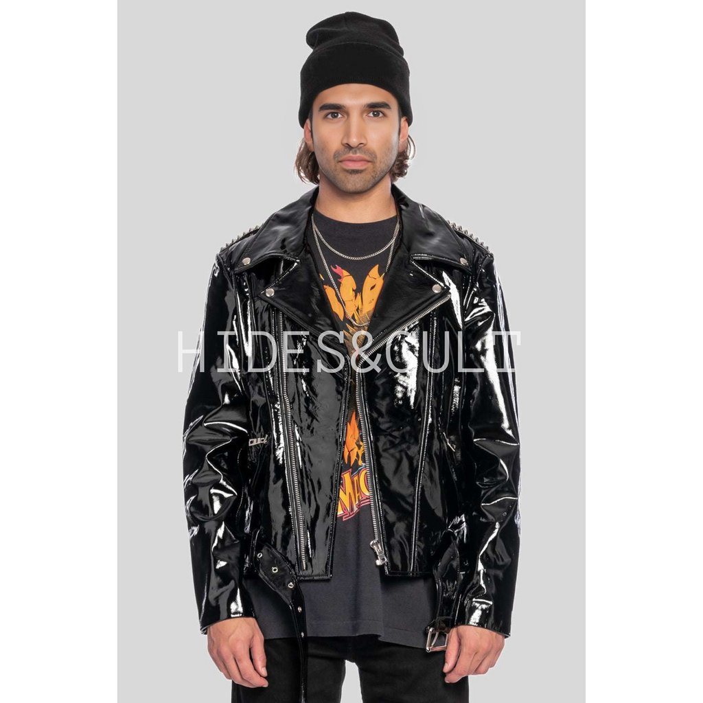 Mens Black Patent Motorcycle Biker Belted Leather Jacket front image 