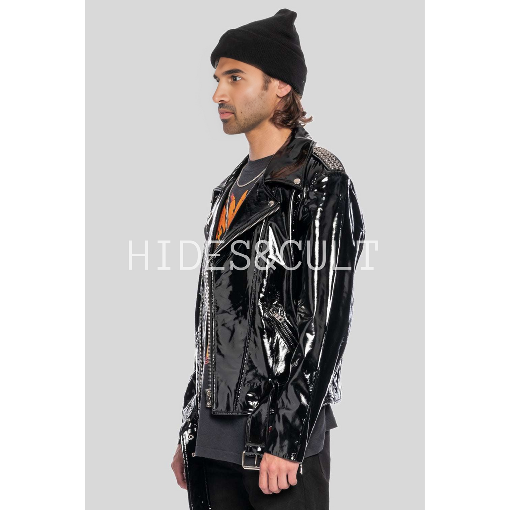 Mens Black Patent Motorcycle Biker Belted Leather Jacket side detailed  image 