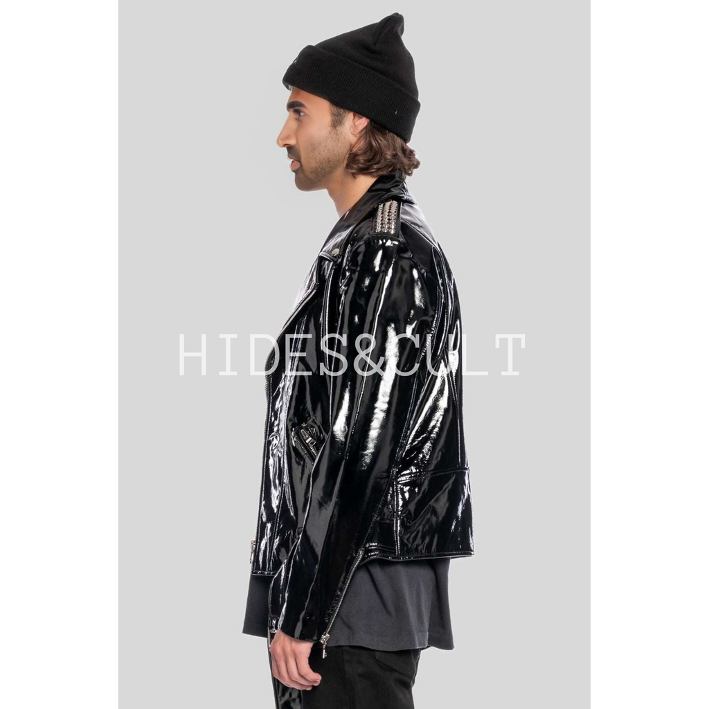 Mens Black Patent Motorcycle Biker Belted Leather Jacket side image 