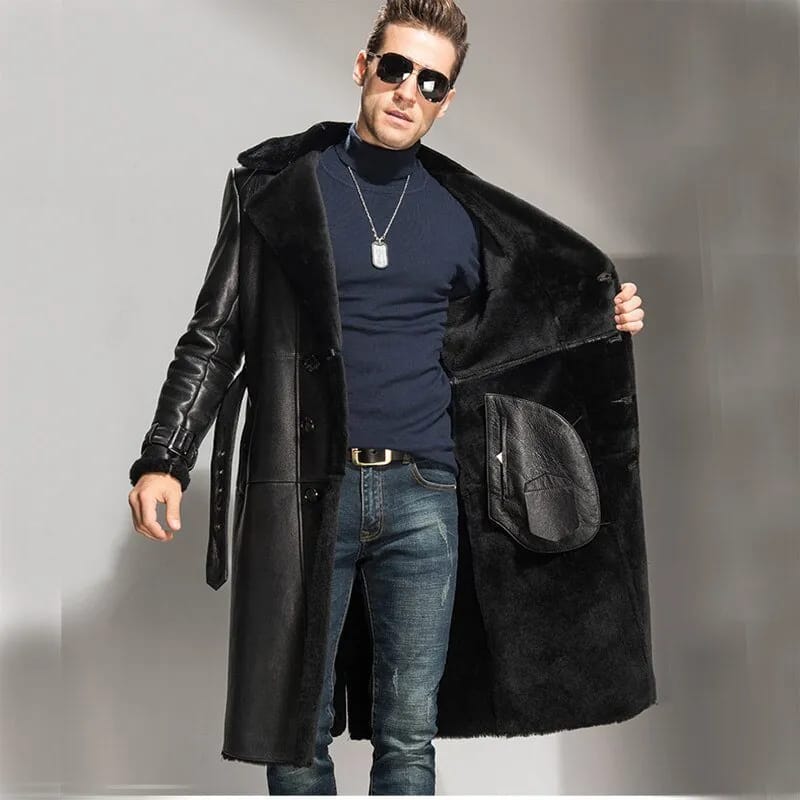 Mens Black Real Lambskin Fur Inside Belted Shearling Long Coat fur and pocket details 