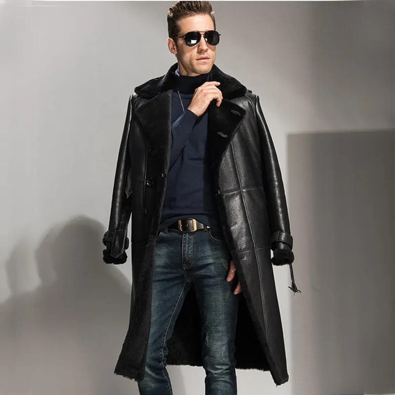 Mens Black Real Lambskin Fur Inside Belted Shearling Long Coat worn with front buttons opened