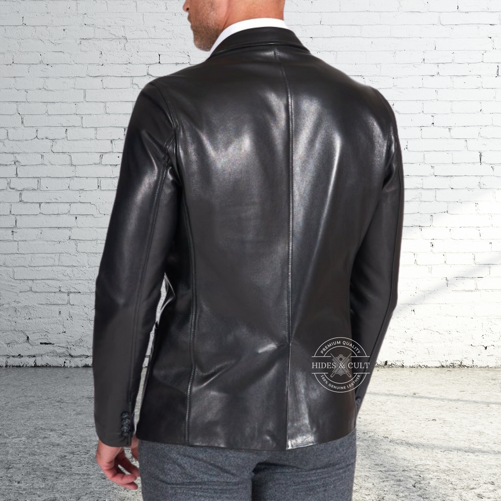 Mens Black Slim Fit Business Leather Blazer back image
