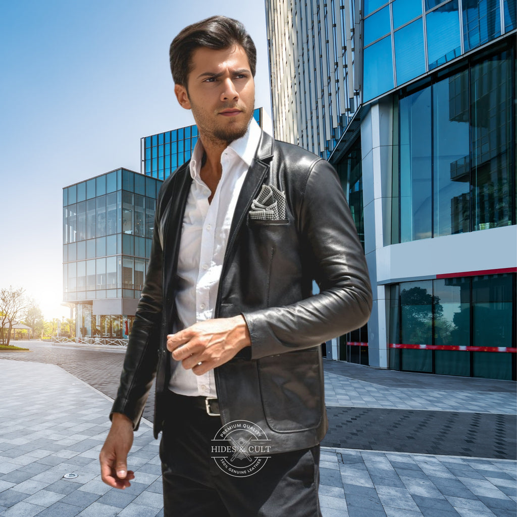 Mens Black Slim Fit Business Leather Blazer front image