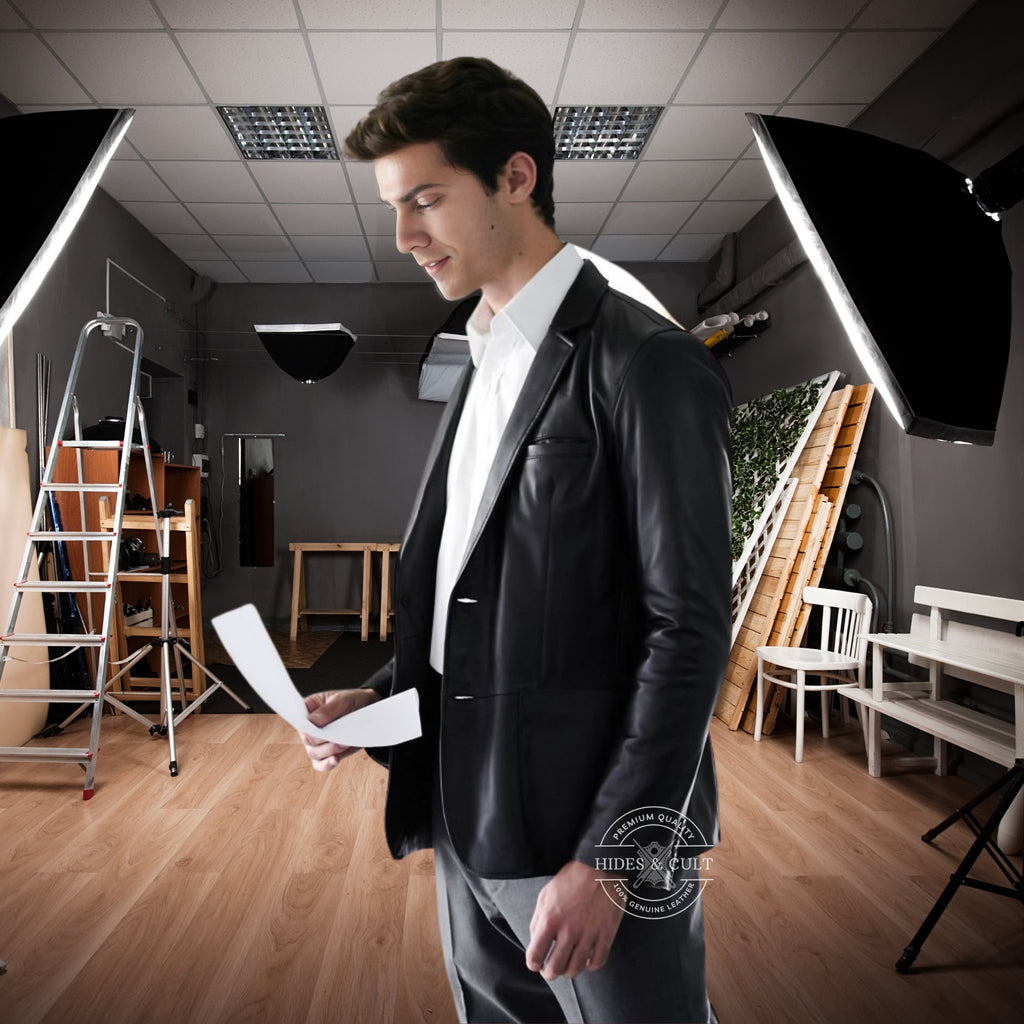 Mens Black Slim Fit Business Leather Blazer side image