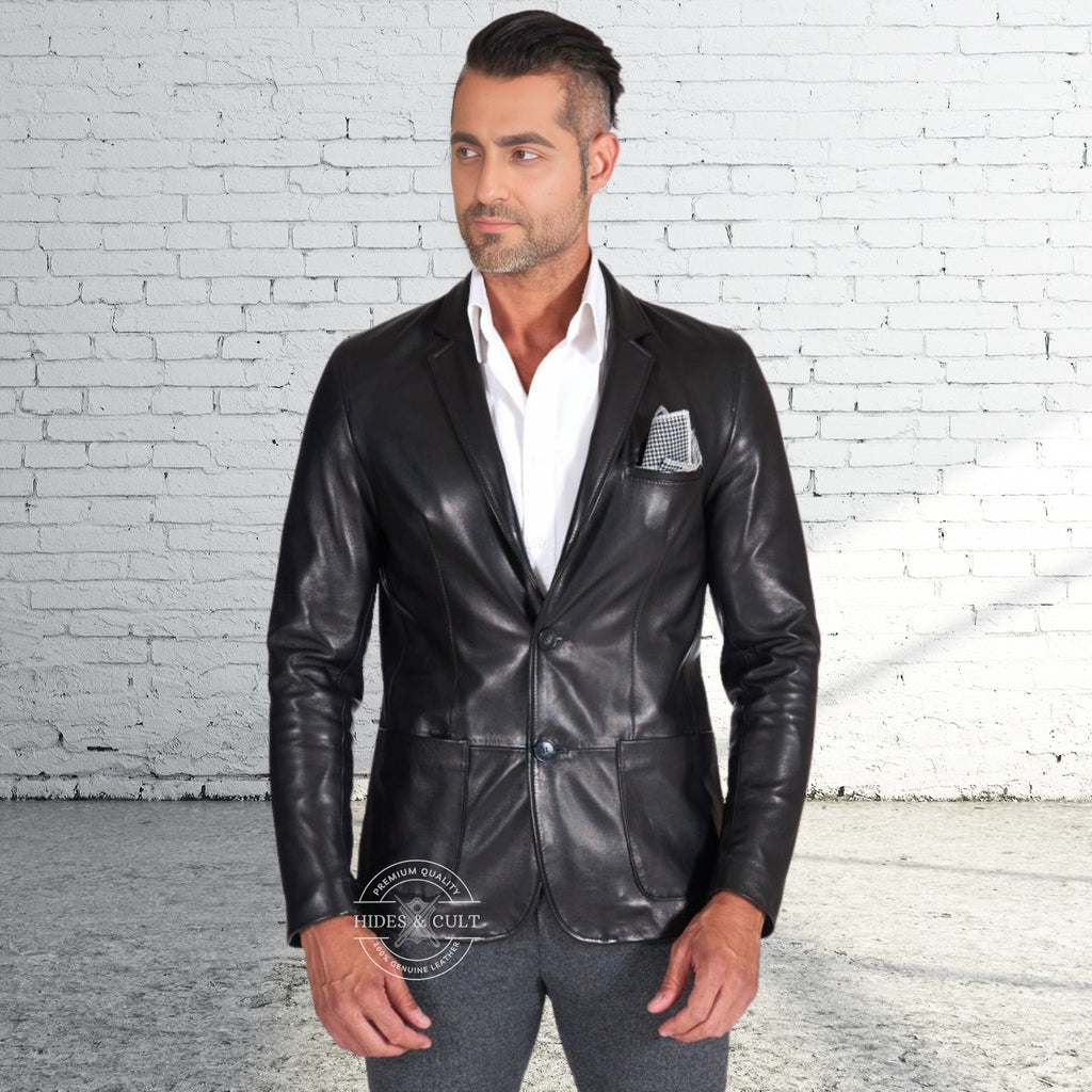 Mens Black Slim Fit Business Leather Blazer worn with front buttons closed 