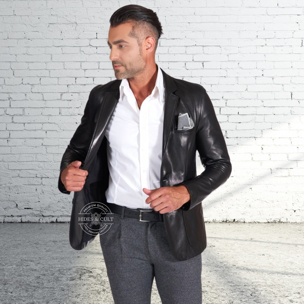 Mens Black Slim Fit Business Leather Blazer worn with front buttons opened