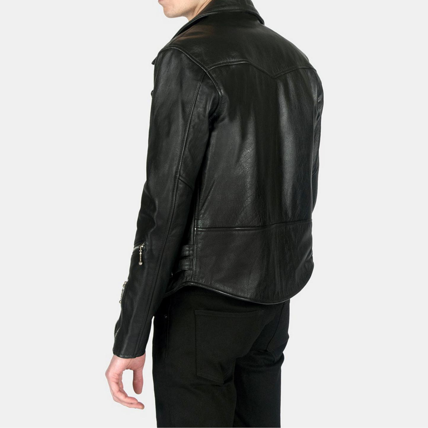 Mens Black Slim Fit Motorcycle Biker Leather Jacket back image