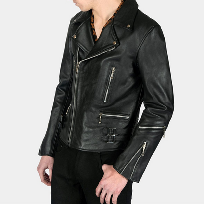Mens Black Slim Fit Motorcycle Biker Leather Jacket detailed image